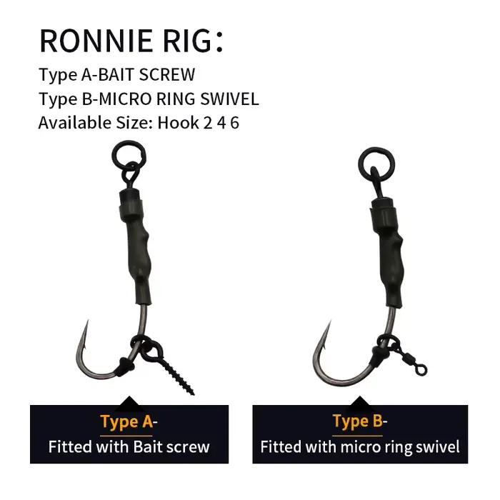 Montage carp fishing Ronnie Rigs prêt à pêcher avec hameçon courbe PTFE et micro ring pour carpe