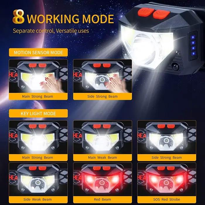 Lampe frontale LED 8 modes détection mouvement pêche puissante frontale COB lampe torche mains libres