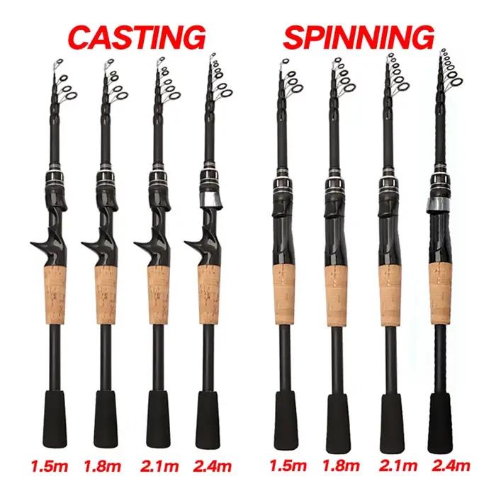 Canne télescopique pêche leurres carbone 1.5m à 2.4m casting 8-25g manche bois pour pêche en déplacement