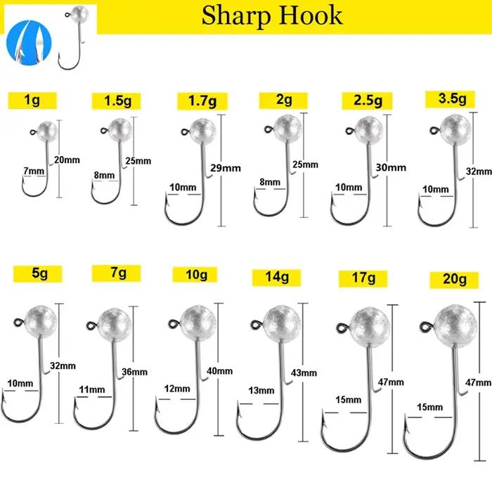 Lot de 10 hameçons plombés tête ronde anti-herbe 1g à 20g pour pêche aux leurres souples
