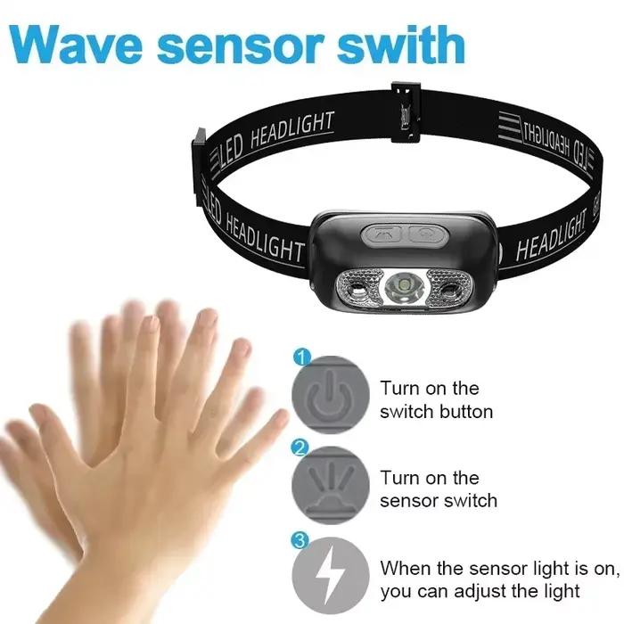 Lampe frontale mini LED puissante pour pêche nocturne étanche avec capteur de mouvement portable
