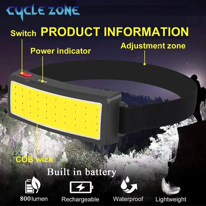 Lampe frontale COB rechargeable LED 180° pour pêche nocturne randonnée camping et escalade