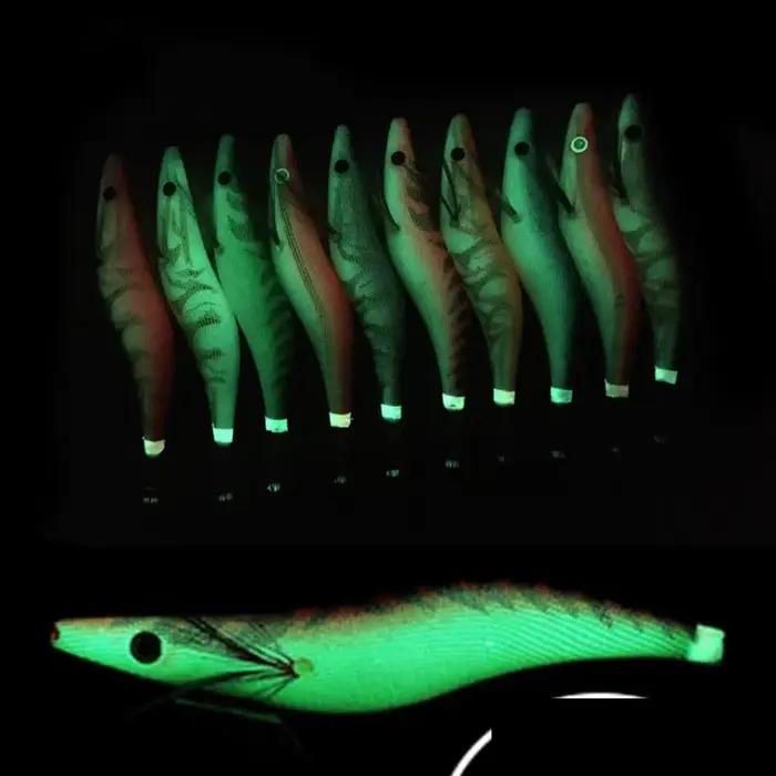 10 Leurres Calmar Appât Crevette avec Hameçon et Yeux 3D Luminescents pour Pêche en Mer