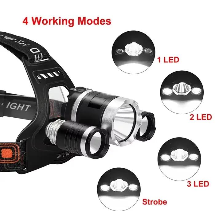 Frontale double 18650 rechargeable USB étanche puissante pour pêche camping randonnée nocturne