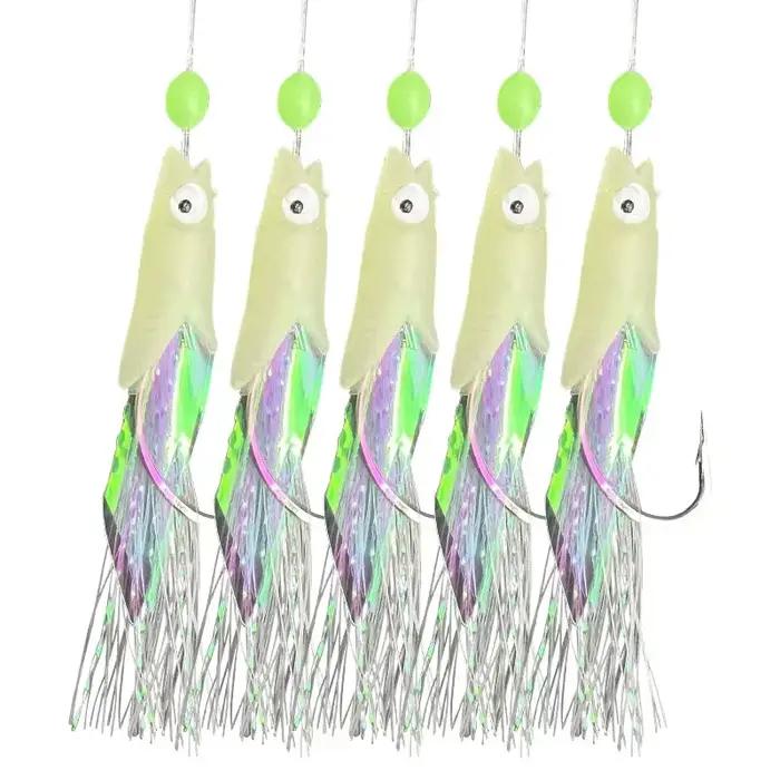 Kit Sabiki Pêche en Mer 5 Hameçons avec Leurres Fluorescents et Peau de Poisson Naturelle
