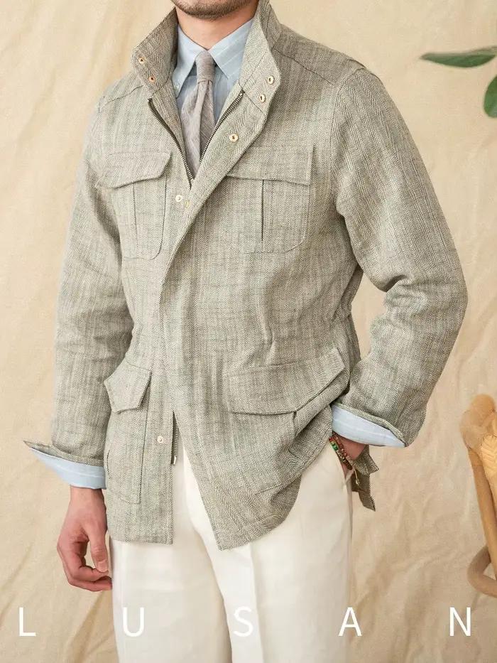 Veste de pêche légère en coton et lin M65 - Col montant ajusté pour pêche printemps-été
