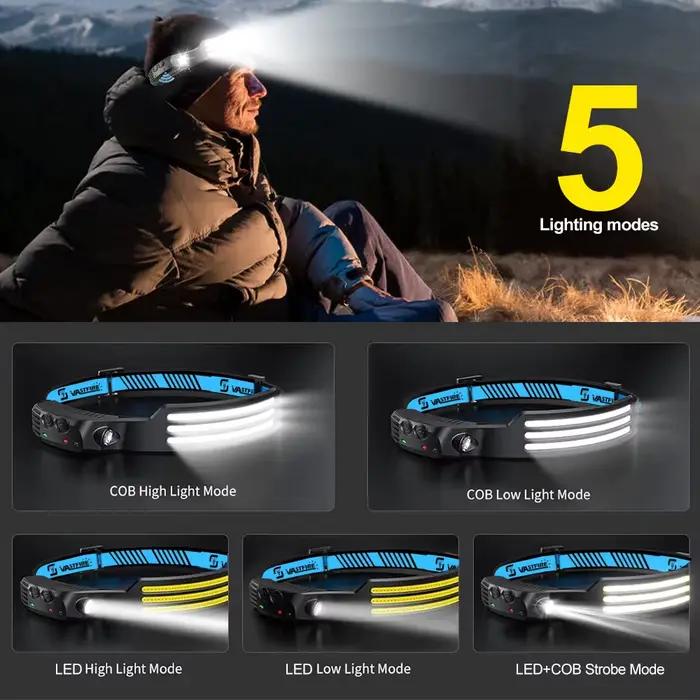 Lampe frontale LED rechargeable USB pour pêche nocturne - Détecteur de mouvement 270° - Lampe torche frontale