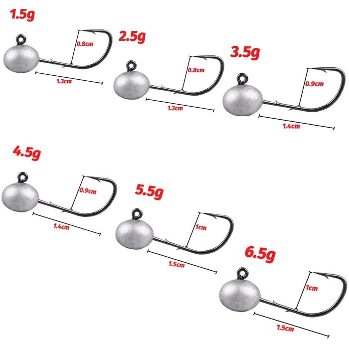 Lot de 5 têtes plombées jig pour leurres, 1.5g à 6.5g, hameçon double ardillon forte puissance pour pêche