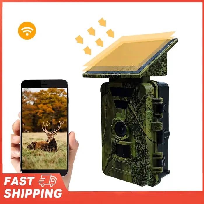 Caméra de chasse solaire WiFi 8K 60MP étanche IP66 pour surveillance extérieure des animaux nocturnes