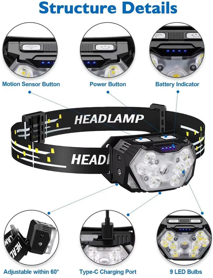 Lampe frontale 9 LED puissante rechargeable USB détecteur mouvement pour pêche camping
