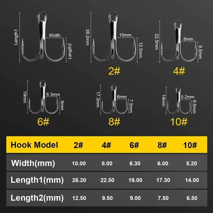 Hameçons triples pêche carnassier acier carbone haute résistance #2 #4 #6 #8 #10 - 50 pièces