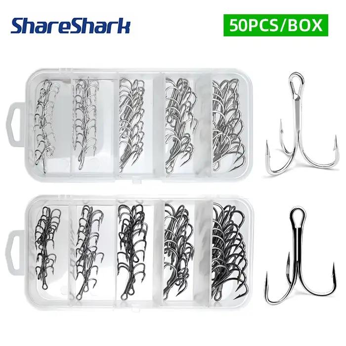 Kit ShareShark 50 hameçons triples acier carbone avec émerillons pour leurres - Hameçons ronds solides