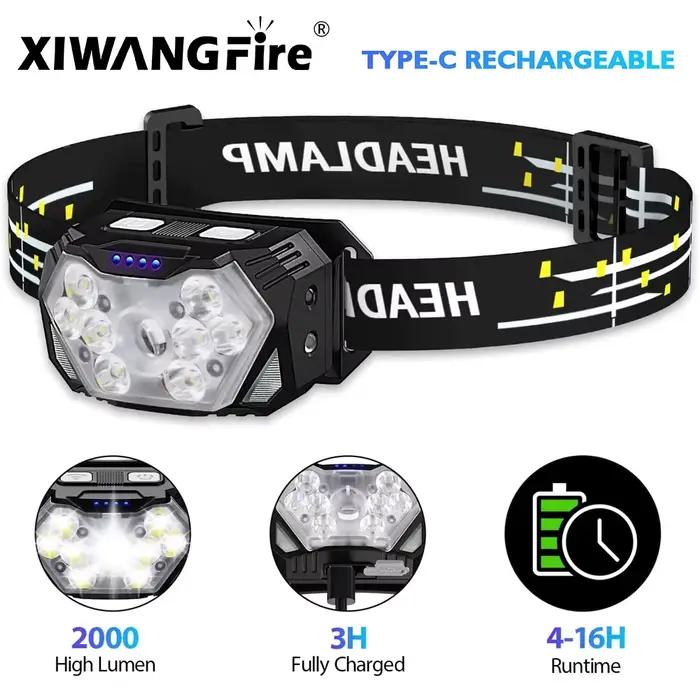 Frontale pêche 9 LED portable capteur mouvement rechargeable USB 1200mAh pour camping et extérieur