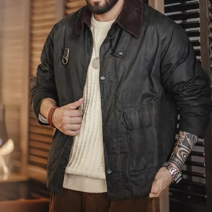 Veste de pêche vintage cirée Maden Spey col velours côtelé pour homme automne pêche traditionnelle