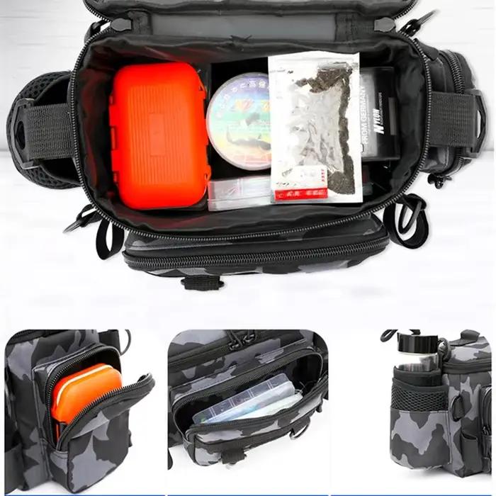 Sac à dos de pêche noir avec porte-canne multi-usages pour homme et femme rangement matériel pêche occasionnels et itinérants