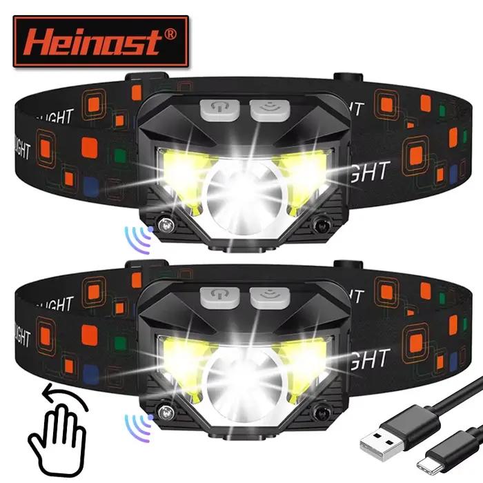 Lampe frontale LED puissante avec capteur de mouvement rechargeable USB pour pêche nocturne et camping