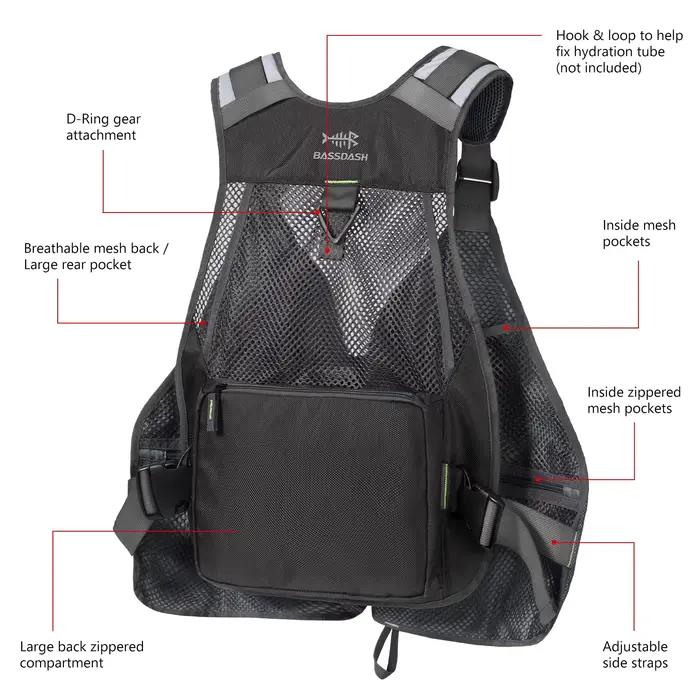 Gilet de pêche ajustable et respirant Bassdash pour la pêche sportive en extérieur