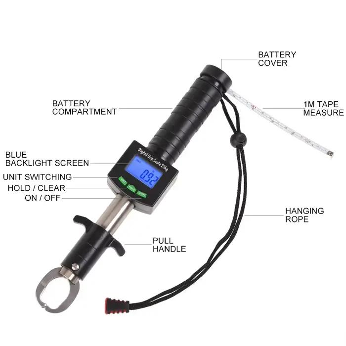 Pince à poisson digitale grip avec pesée et mesure règle inox pour pêche en mer et rivière
