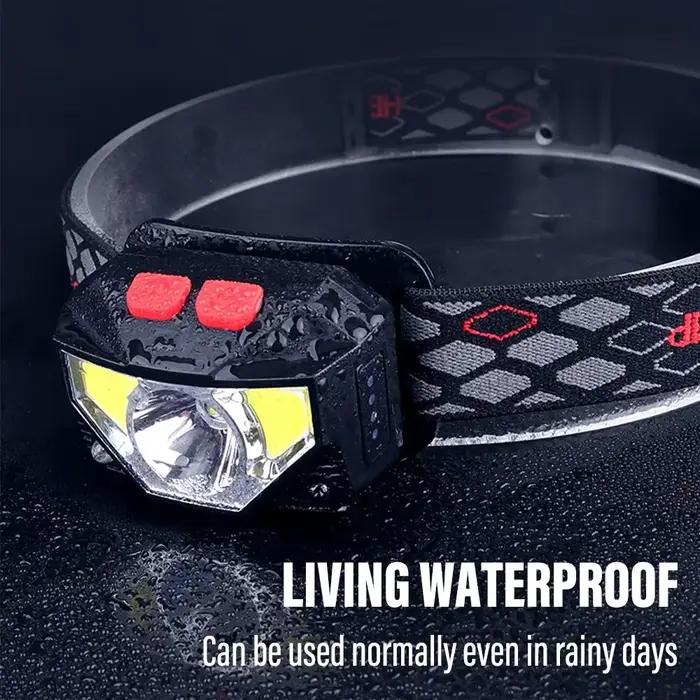 Lampe frontale rechargeable à capteur COB et LED 8 modes lumière blanche et rouge pour pêche