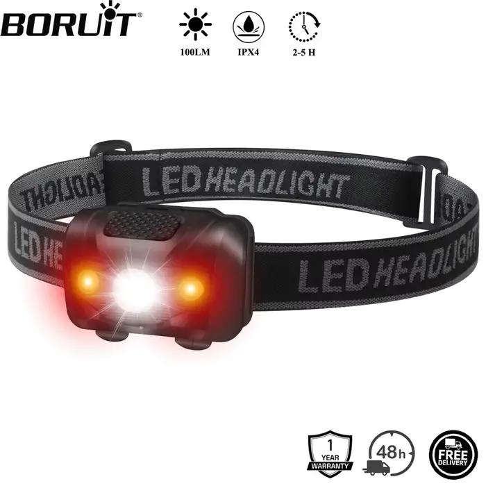 Mini lampe frontale BORUiT 3W LED 4 modes lumière rouge pour pêche et camping compacte