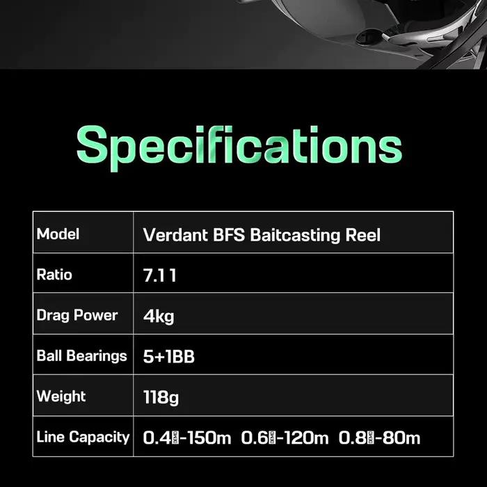 Moulinet baitcasting Histar Verdant BFS 118g carbone ratio 7.2:1 frein 4kg pêche ultralégère