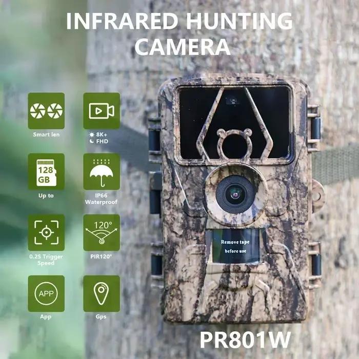 PR801 caméra trail WiFi 60MP 8K étanche avec détection mouvement infrarouge et contrôle application