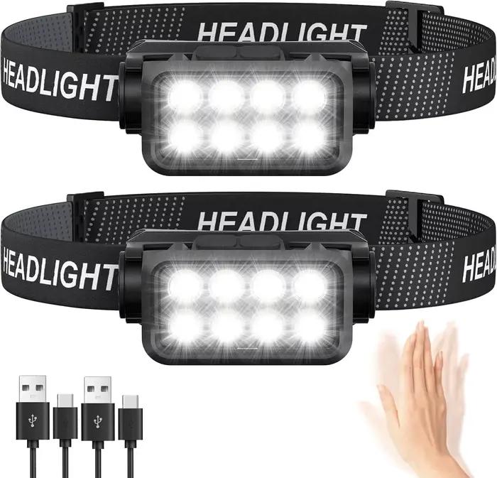 Lampe frontale rechargeable à détecteur de mouvement 8 LED ultra-bright pour pêche et activités nocturnes
