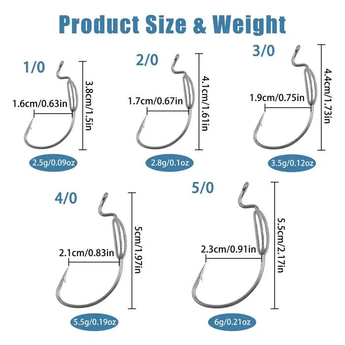 10 hameçons plombés courbés pour leurres souples et jigging - Poids 2.5g à 6g