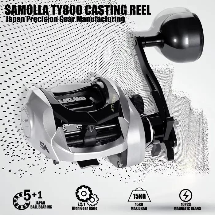 Moulinet baitcasting SAMOLLA grand taille étanche pour pêche sportive en mer trolling silure eau douce robuste métal 7.21 transmission 15kg drag