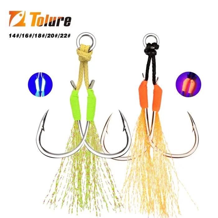 10 assist hooks métalliques avec plumes UV et anneau solide pour jigging de 10g à 120g pêche en mer