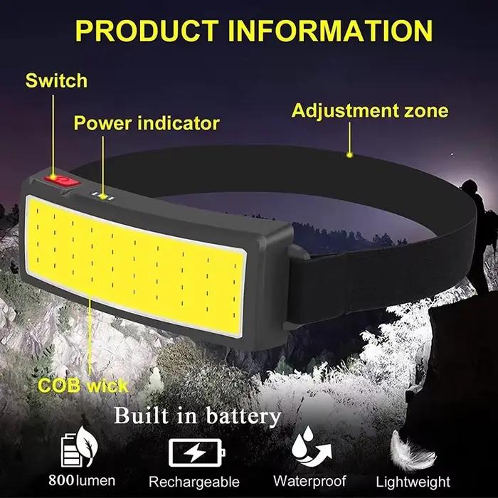 Lampe frontale LED COB puissante rechargeable Type-C intégrée étanche pour pêche camping randonnée