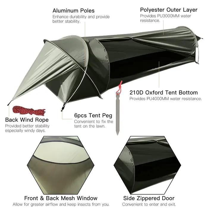 Tente tunnel 1 personne ultralégère 210D Oxford imperméable randonnée pêche camping sac à dos compacte