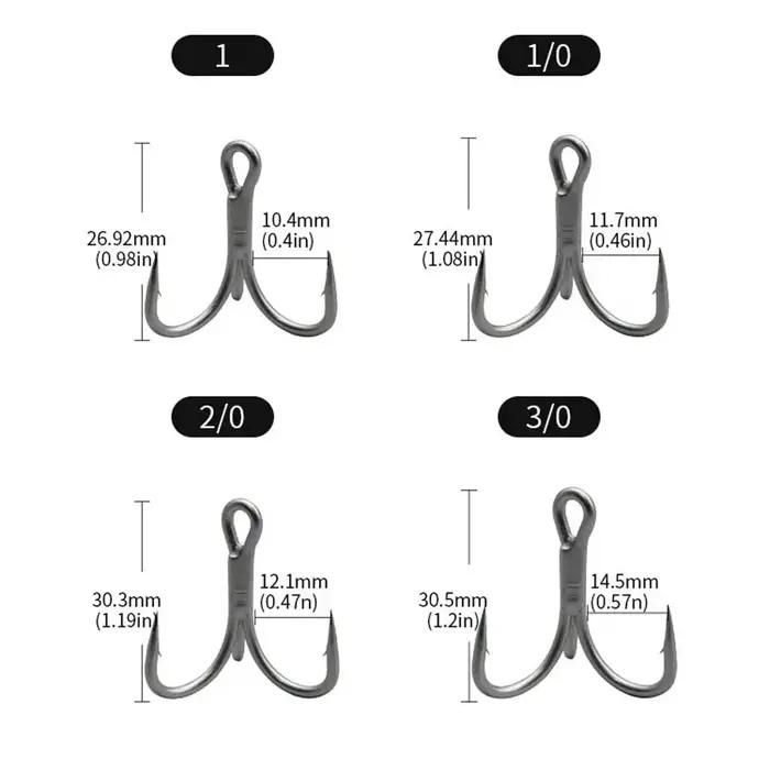 Hameçons triples 4X renforcés acier carbone pour leurres et appâts 10 pièces tailles 8#-3/0