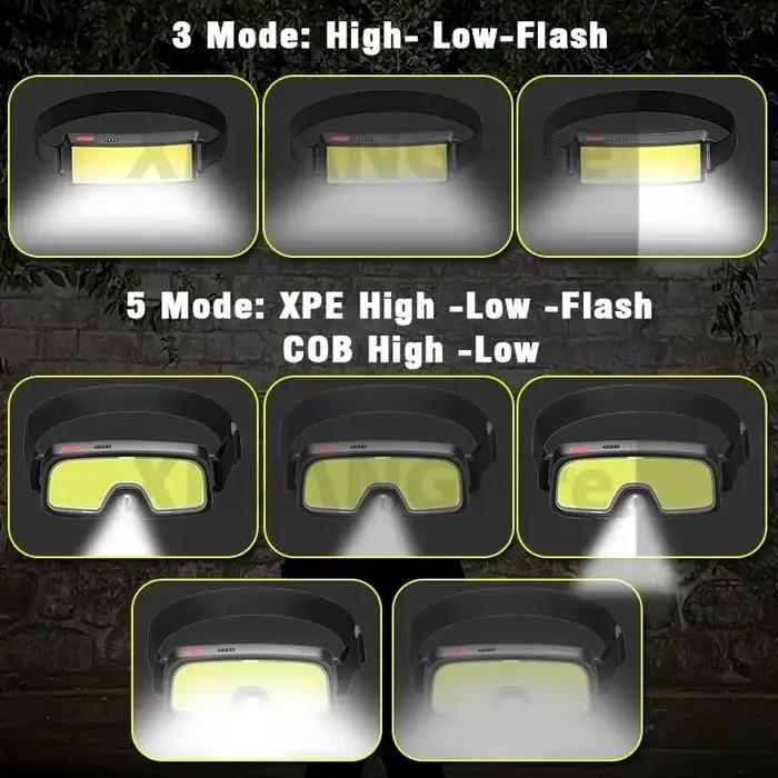 Lampe frontale COB 180° rechargeable USB 3 modes pour randonnée, camping et pêche