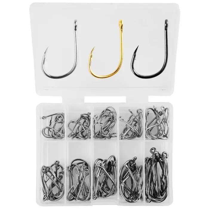 Kit de 100 hameçons simples circulaires Aorace en acier carbone pour carpe, pêche à la mouche et mer
