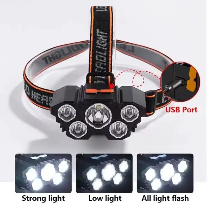 Lampe frontale rechargeable 5 LED avec batterie intégrée pour pêche aventure et camping