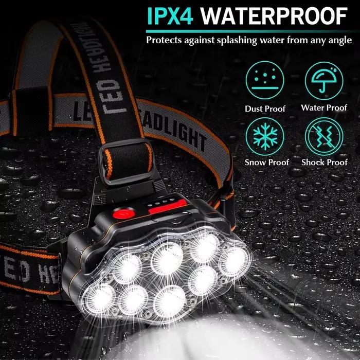 Lampe frontale LED haute luminosité rechargeable USB IPX4 étanche pêche camping lumière puissante 8 LEDs