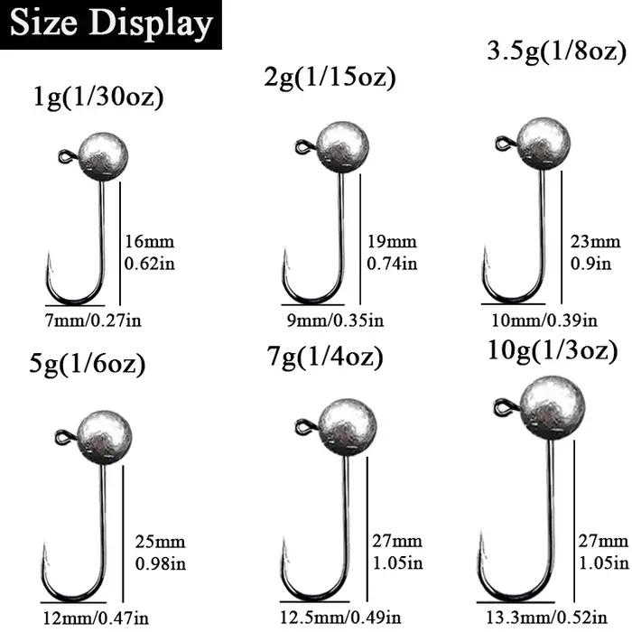 Lot de 10 têtes plombées rondes pour leurres souples 1g 2g 3.5g 5g 7g 10g hameçon