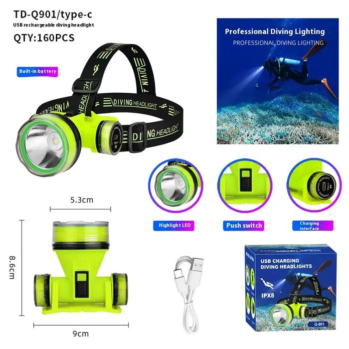 Lampe frontale plongée rechargeable 350m étanche LED puissante pour pêche sous-marine et chasse