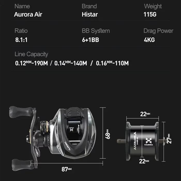 Moulinet baitcasting Histar Aurora AIR BFS ultraléger 115g pour pêche fine avec leurres légers