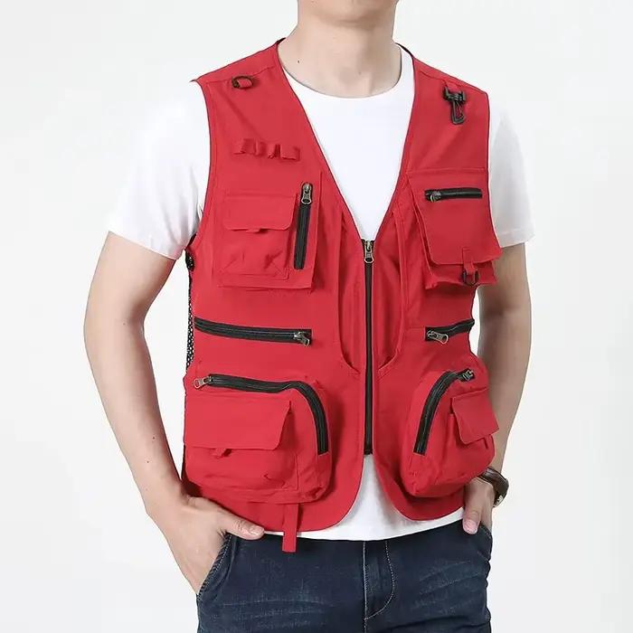 Veste de pêche cargo rouge personnalisable 2025 - Yelek multi-poches nylon pour journaliste photo camping