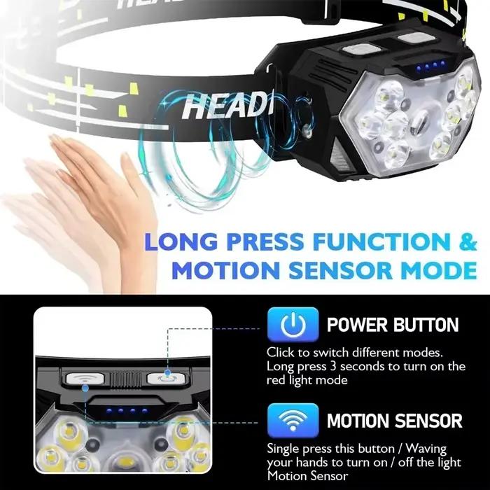 Lampe frontale USB rechargeable détecteur de mouvement 9 LED puissante pêche camping portable travail