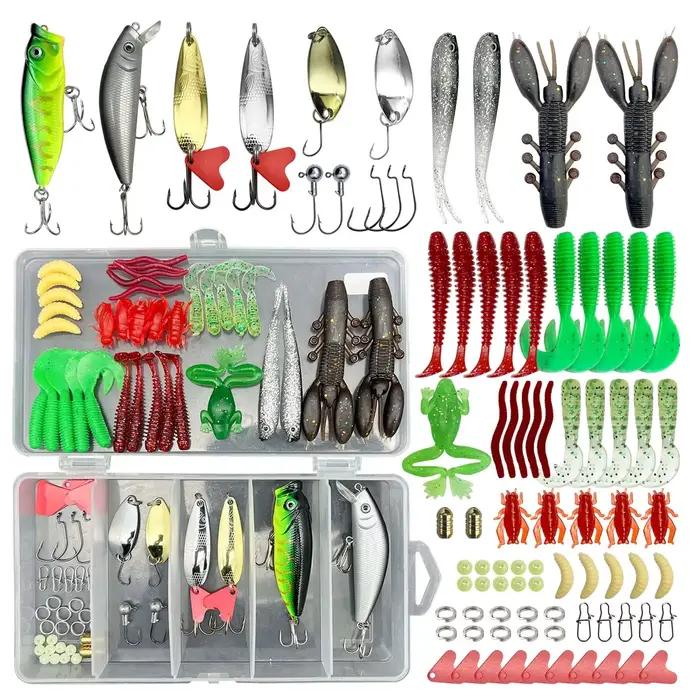 Kit de pêche leurres souples et durs avec cuillères métalliques pour brochet et perche coffret rangement