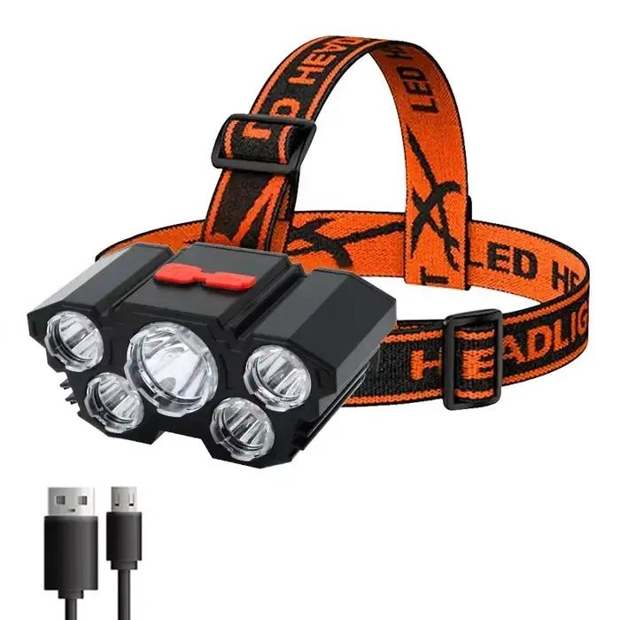 Lampe frontale rechargeable 5 LED avec batterie intégrée pour pêche aventure et camping