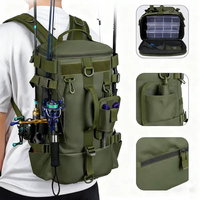 Sac à dos pêche multifonction étanche avec porte-cannes - Stockage équipement pêche résistant
