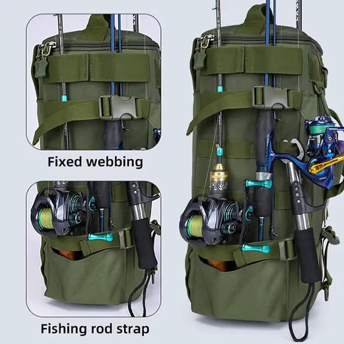 Sac à dos pêche multifonction avec porte-cannes et système MOLLE - Rangement équipement pêche camping randonnée
