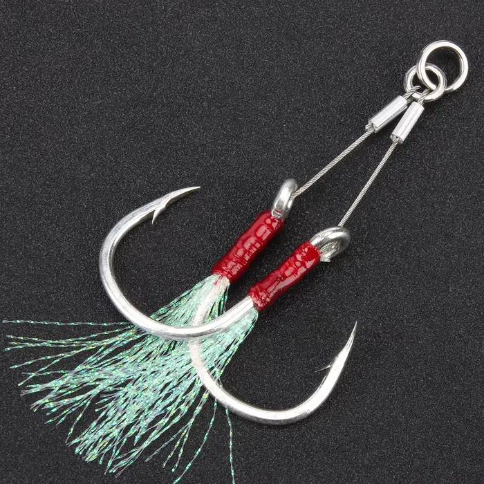 Hameçons doubles à plumes 2 paires pour jigging assisté - Tailles 1/0 à 7/0 pêche mer