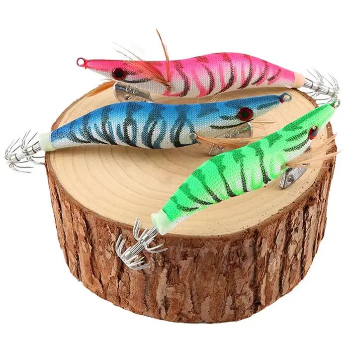 Ensembles de leurres pêche en bois crevettes lumineux 3D yeux hameçons calmar pour pêcheurs en mer océan rock fishing
