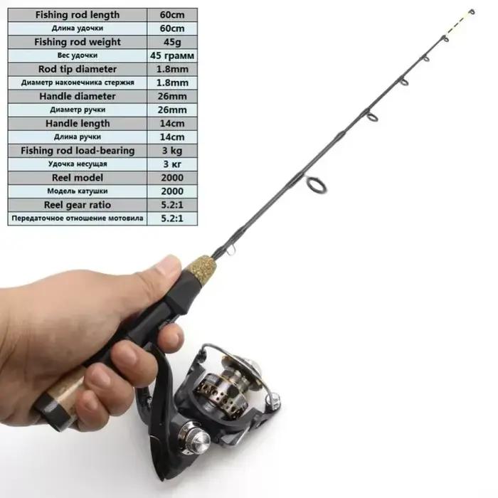 Combo canne télescopique 60cm 2 brins pêche hiver glace carbone moulinet set complet - Équipement hivernal