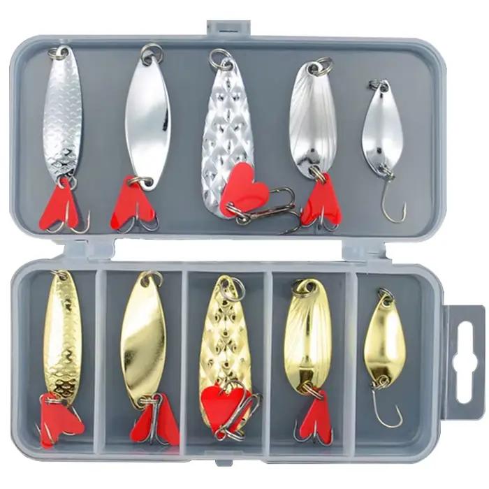 Kit de pêche avec boîte de rangement : 10 leurres métalliques cuillères spinner dorés et argentés pour carnassiers